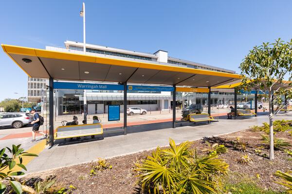 Local and B-Line bus shelters at the outbound bus stop in Brookvale