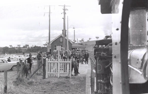 Local community at Stuart Town Station viewing a passing vintage steam train, August 1967. Source: NSW State Archives and Records