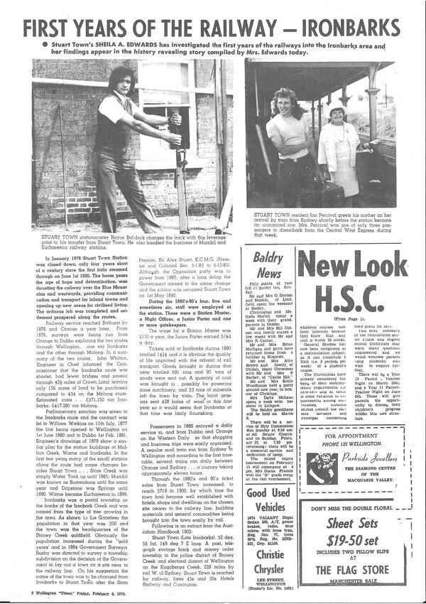 Newspaper article in the ‘ Wellington Times ’ on the history of Stuart Town Station, 6 /2/ 1976. Includes a picture of the then station master, R oyce Baldock . Source: Stuart Town Preservation Society Archives