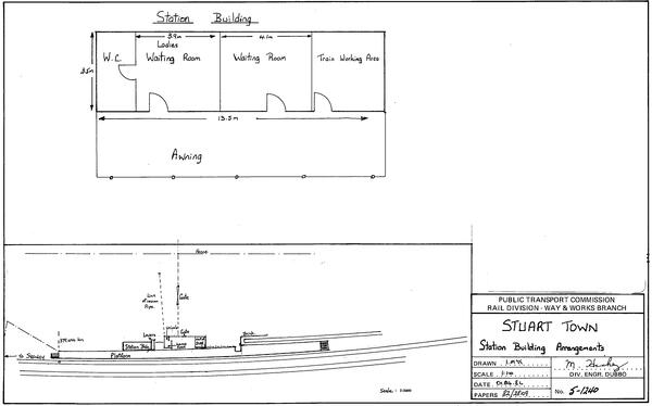 Plan of layo ut of Stuart Town Station precinct including floorplan of the station building , 1982 . Source: Sydney Trains