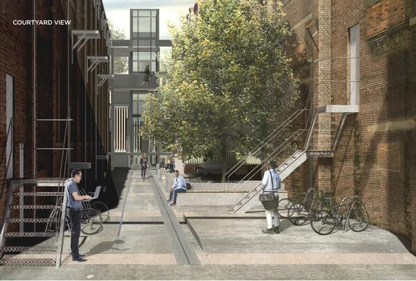 An artist’s impression of the refurbished substation seen from Central Precinct. The proposal includes new stairs, a lift and pedestrian access to the park.