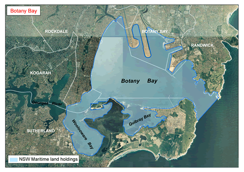 Aerial view of Botany Bay showing TfNSW land holdings