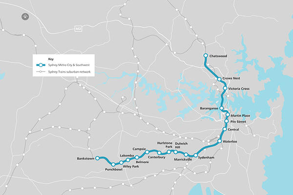 A map of the Sydney Metro City and Southwest line starting at Chatswood, with 19 new and upgraded stations through to Bankstown. Other Sydney rail network stations are shown in the background.