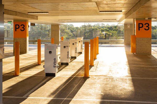 Image of electric vehicle charging spaces at Edmondson Park South multi-storey commuter car park 