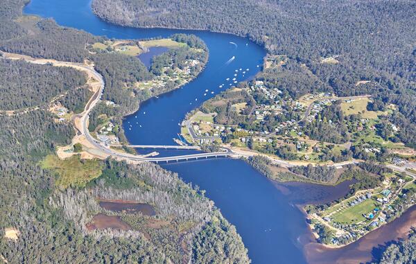 Aerial view of Nelligen Bridge Replacement project looking south