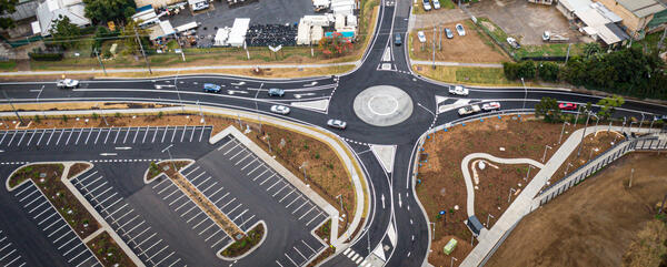 Aerial view of new roundabout at the intersection of Old Bathurst Road and Smith Street