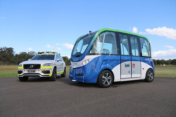 Road safety vehicle and smart shuttle at Sydney Olympic Park 