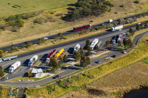 Aerial view of trucks parked at Partridge VC Heavy Vehicle Rest Area, Menangle
