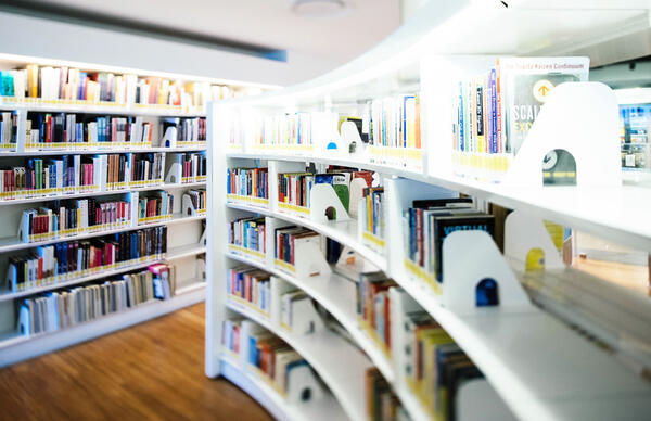 Bookshelves inside a library