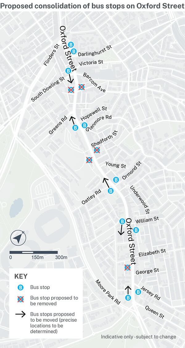 Oxford Street East Cycleway - proposed bus stops (indicative only)