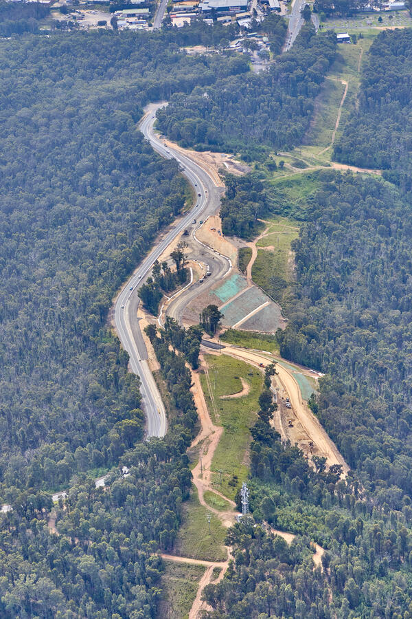 South Batemans Bay Link Road - Aerial image through the project area, northbound (March 2023).