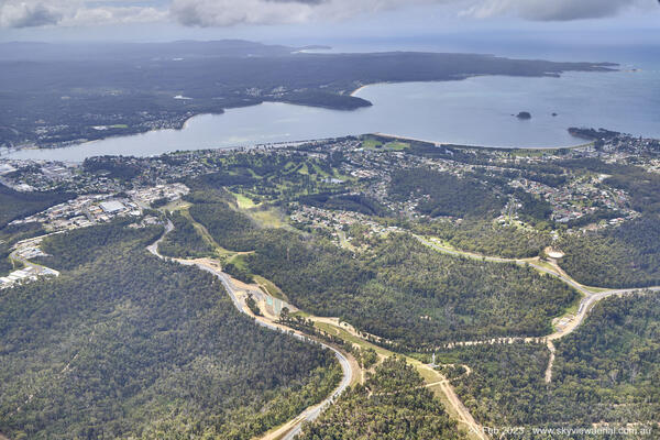South Batemans Bay Link Road - Aerial image through the project area, towards Batemans Bay (February 2023).