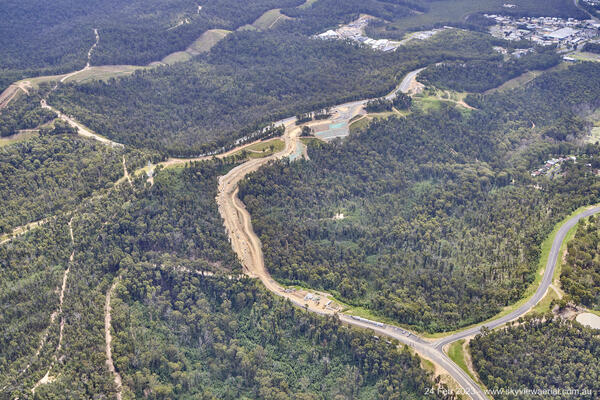 South Batemans Bay Link Road - Aerial image through the project area, westbound (February 2023).