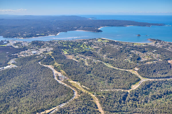 South Batemans Bay Link Road - Aerial view through the project area, looking north towards township (April 2023).