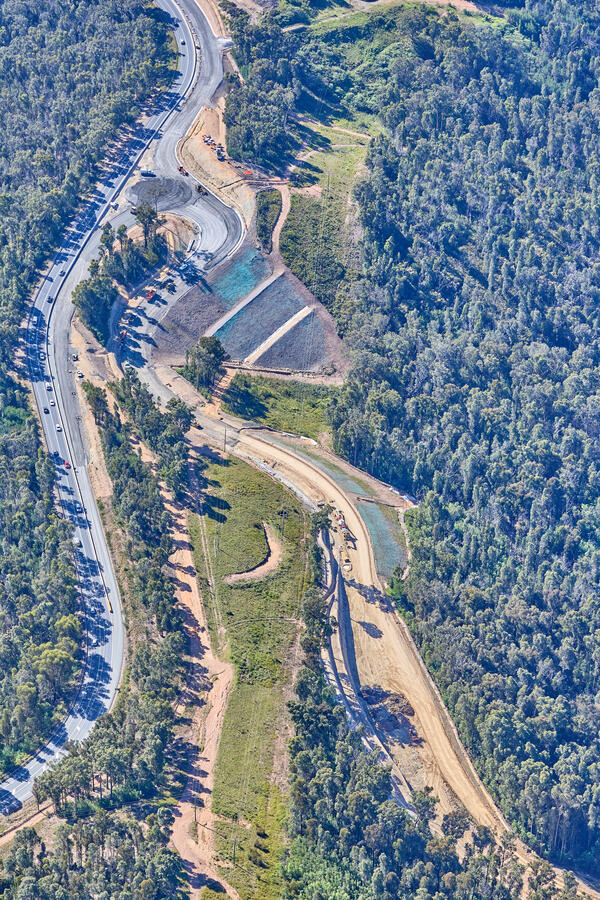 South Batemans Bay Link Road - Aerial view through the project area, northbound (April 2023).