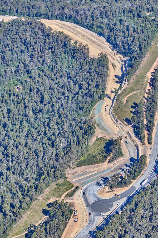South Batemans Bay Link Road - Aerial view through the project area, southbound (April 2023).