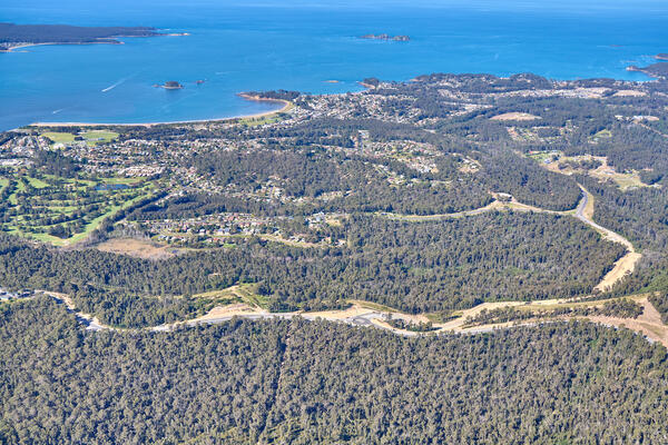 South Batemans Bay Link Road - Aerial view through the project area, towards Batemans Bay (April 2023).