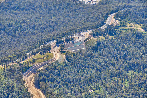 South Batemans Bay Link Road - Aerial view through the project area, westbound (April 2023).