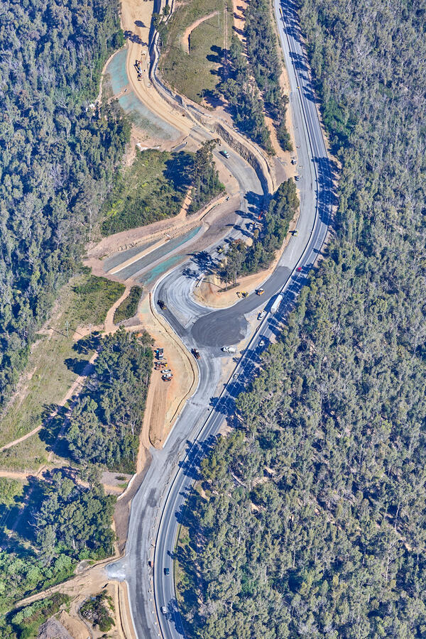 South Batemans Bay Link Road - Bird's eye view of project area along the Princes Highway (April 2023).