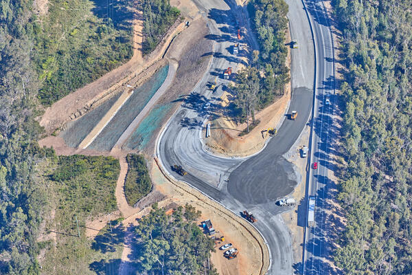 South Batemans Bay Link Road - Bird's eye view through project area, southbound (April 2023).