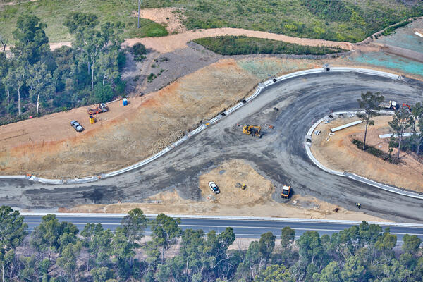 South Batemans Bay Link Road - Birdseye view through project area, eastbound (March 2023).