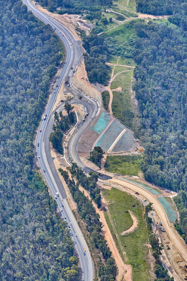 South Batemans Bay Link Road - Birdseye view through the project area, northbound (March 2023).