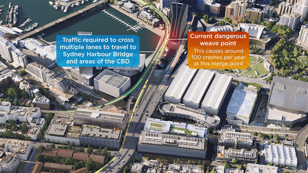Aerial view of new on-ramp at Darling Harbour (subject to a future investment decision)