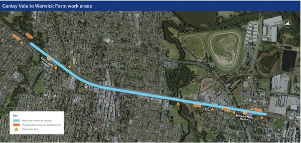 Aerial view of Canley Vale to Warwick Farm Infrastructure Upgrade map