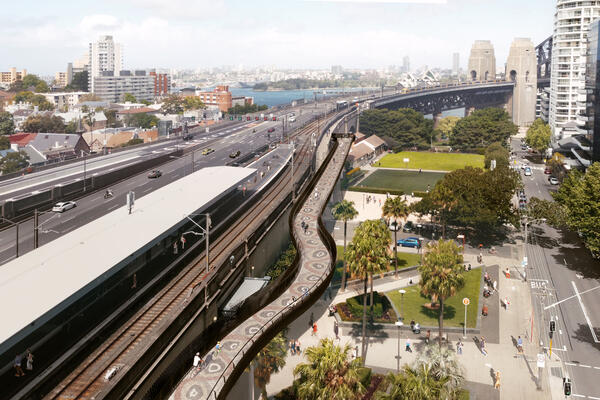 Sydney Harbour Bridge Cycleway Ramp - artist's impression aerial view looking south