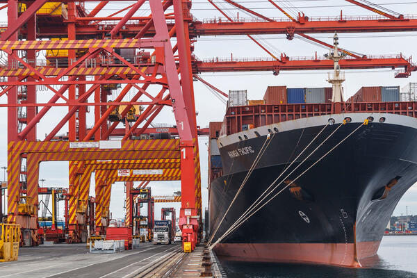 Transport for NSW Gantry cranes loading containers onto cargo ship at Port Botany.