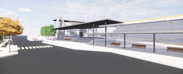 Artists impression of Macquarie Fields Station upgrade from Railway Terrace. SHowing new forecourt, stairs, ramp, foorbridge and lifts. 