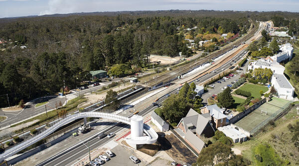  Aerial photo of the Medlow Bath Upgrade including the new pedestrian bridge.