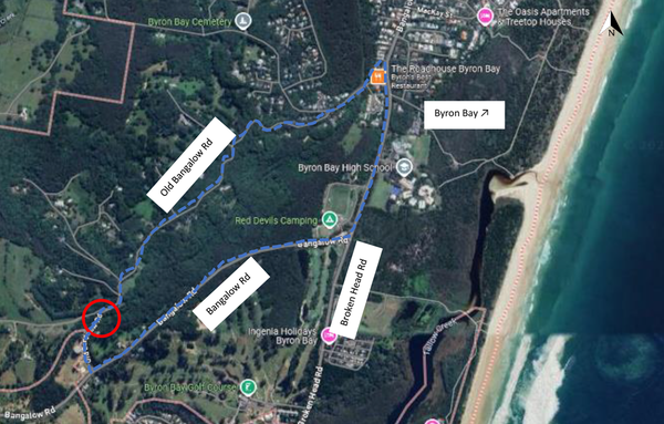 Transport for NSW Old Bangalow Road detour map with markups.