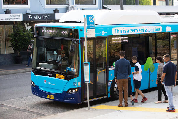 Transport for NSW Passengers getting onto Zero Emission Bus.