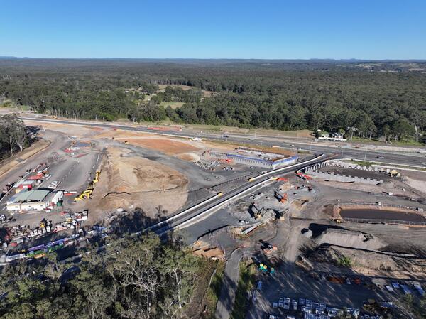 An aerial view of the Jervis Bay Road intersection upgrade under construction looking from the east