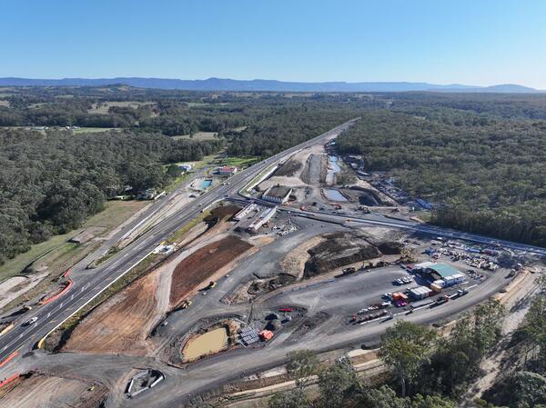 An aerial view of the Jervis Bay Road intersection upgrade under construction looking from the south