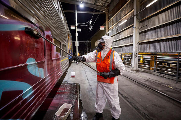 Transport for NSW cleaning graffiti from train.