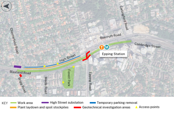 Updated work areas between Brigg Road and Carlingford Road, Epping 