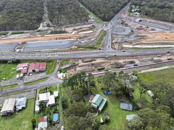 An aerial view of the Jervis Bay Road intersection upgrade under construction looking from the North West