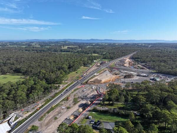 An aerial view of the Jervis Bay Road intersection upgrade under construction looking from the south east