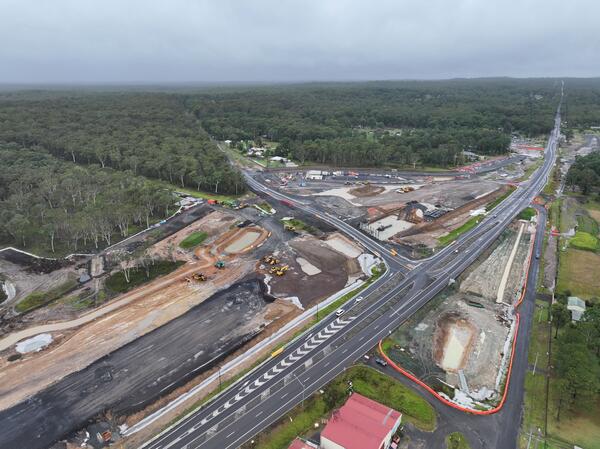 An aerial view of the Jervis Bay Road intersection upgrade under construction looking from the north west