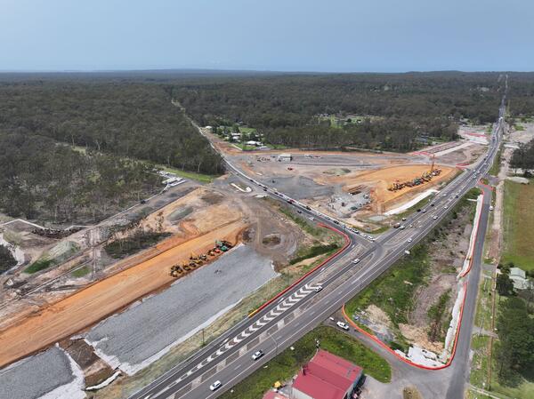 An aerial view of the Jervis Bay Road intersection upgrade under construction looking northwest