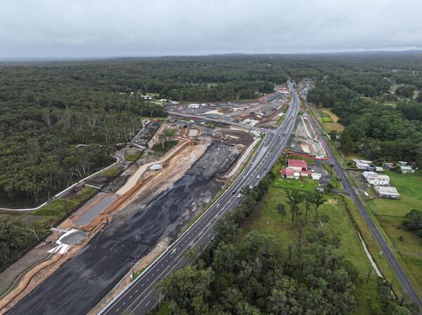 An aerial view of the Jervis Bay Road intersection upgrade under construction looking from the north