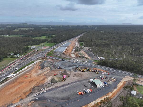 An aerial view of the Jervis Bay Road intersection upgrade under construction looking from the south east