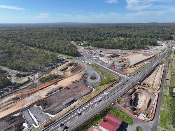 An aerial view of the Jervis Bay Road intersection upgrade under construction looking to the North west