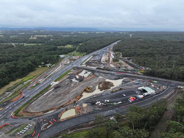 An aerial view of the Jervis Bay Road intersection upgrade under construction looking from the south east