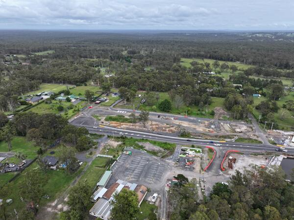 An aerial view of the Jervis Bay Road intersection upgrade under construction looking from the south