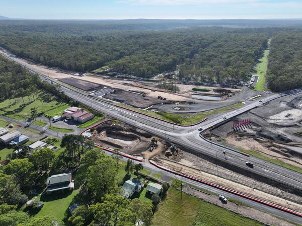 An aerial view of the Jervis Bay Road intersection upgrade under construction looking to the north