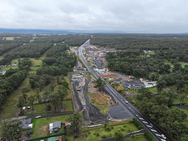 An aerial view of the Jervis Bay Road intersection upgrade under construction looking from the south