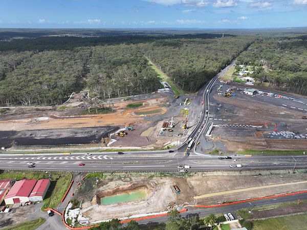 An aerial view of the Jervis Bay Road intersection upgrade under construction looking from the east